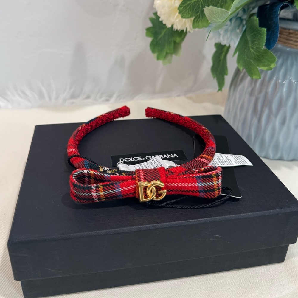 SOLD‼️NEW✨Dolce & Gabbana Red Tartan Virgin Wool Girls Hairband Headband - Picture 3 of 12
